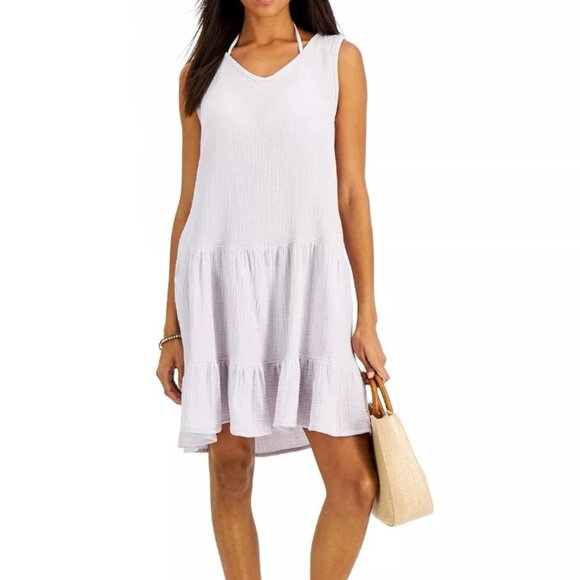 J Valdi Cotton Tiered Ruffled Swim Cover-up Dress Lavender Large New - Picture 2 of 6